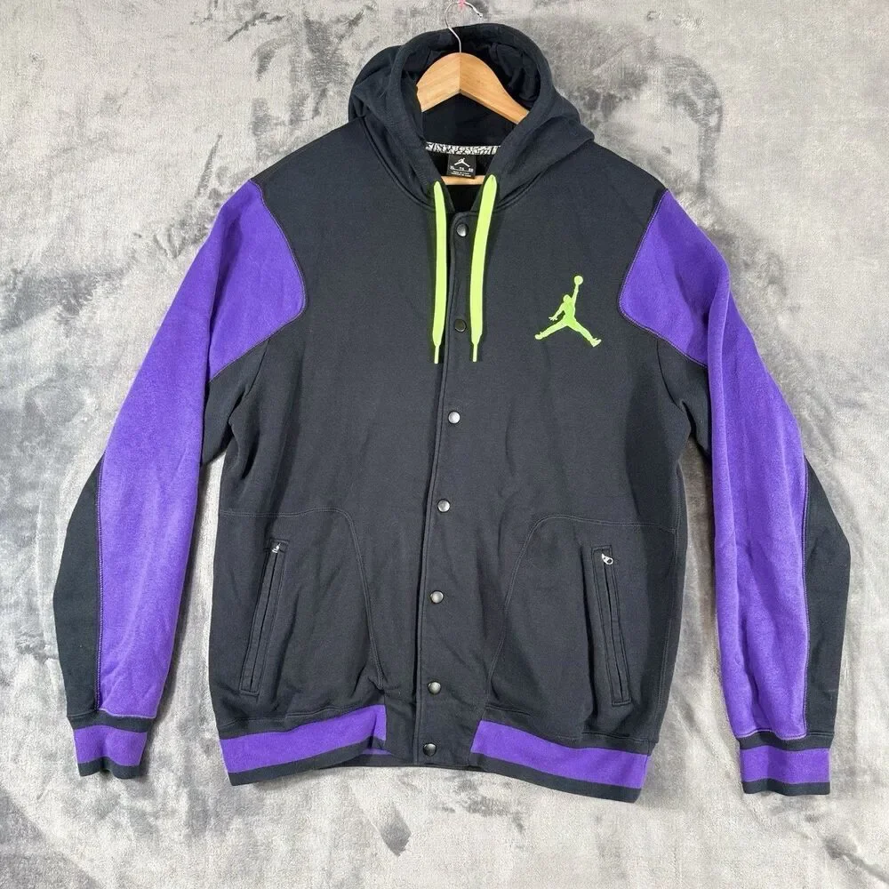 Jordan Men's XL Black Purple with Lime Green Logo Snap Button Hoodie Jacket